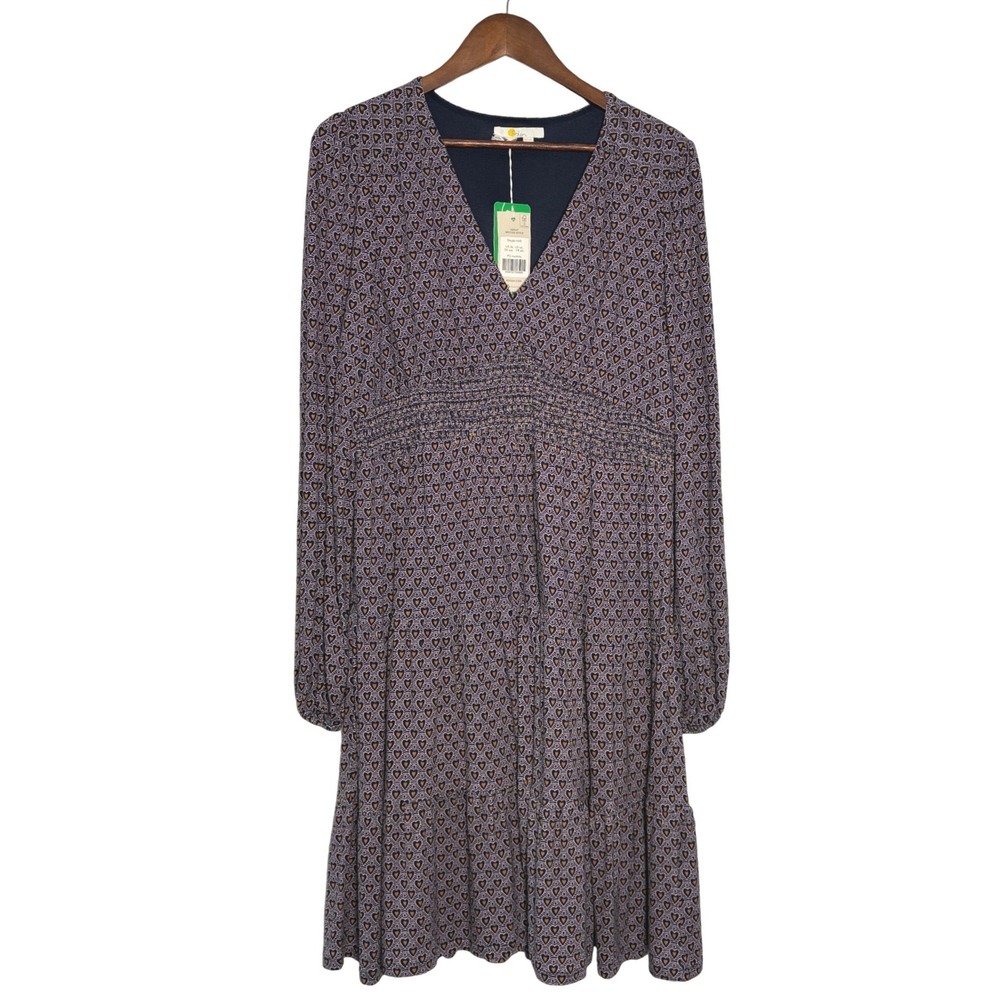 Boden Navy Heart Geo Smocked Tie Jersey Dress D0386 US 14L  New